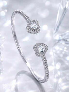 Silver Heart Open Cuff Bracelet with CZ Stones